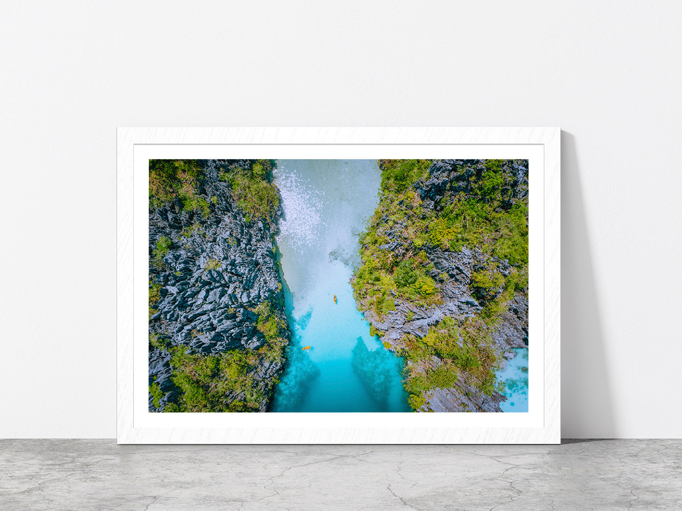 Bay Of Water Surrounded By Cliffs Glass Framed Wall Art, Ready to Hang Quality Print With White Border White