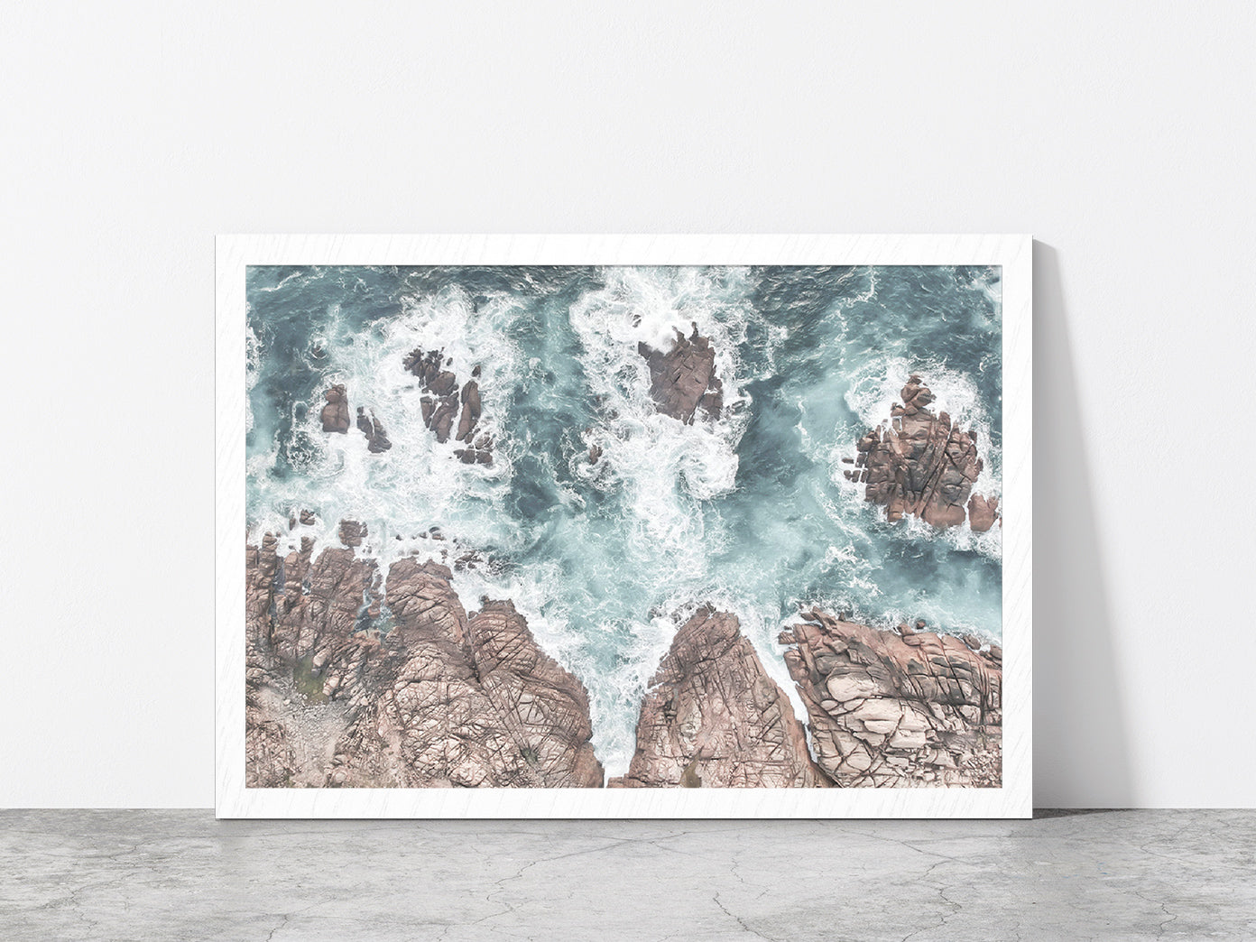 Seawaves over Rocks Aerial Photograph Glass Framed Wall Art, Ready to Hang Quality Print Without White Border White