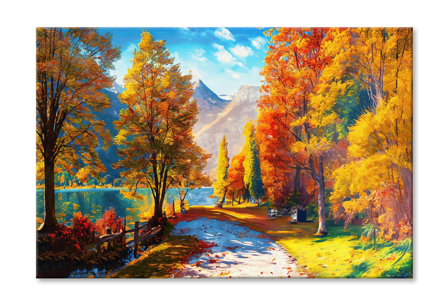 Autumn Trees near Lake & Mountains Oil Painting Wall Art Limited Edition High Quality Print Stretched Canvas None