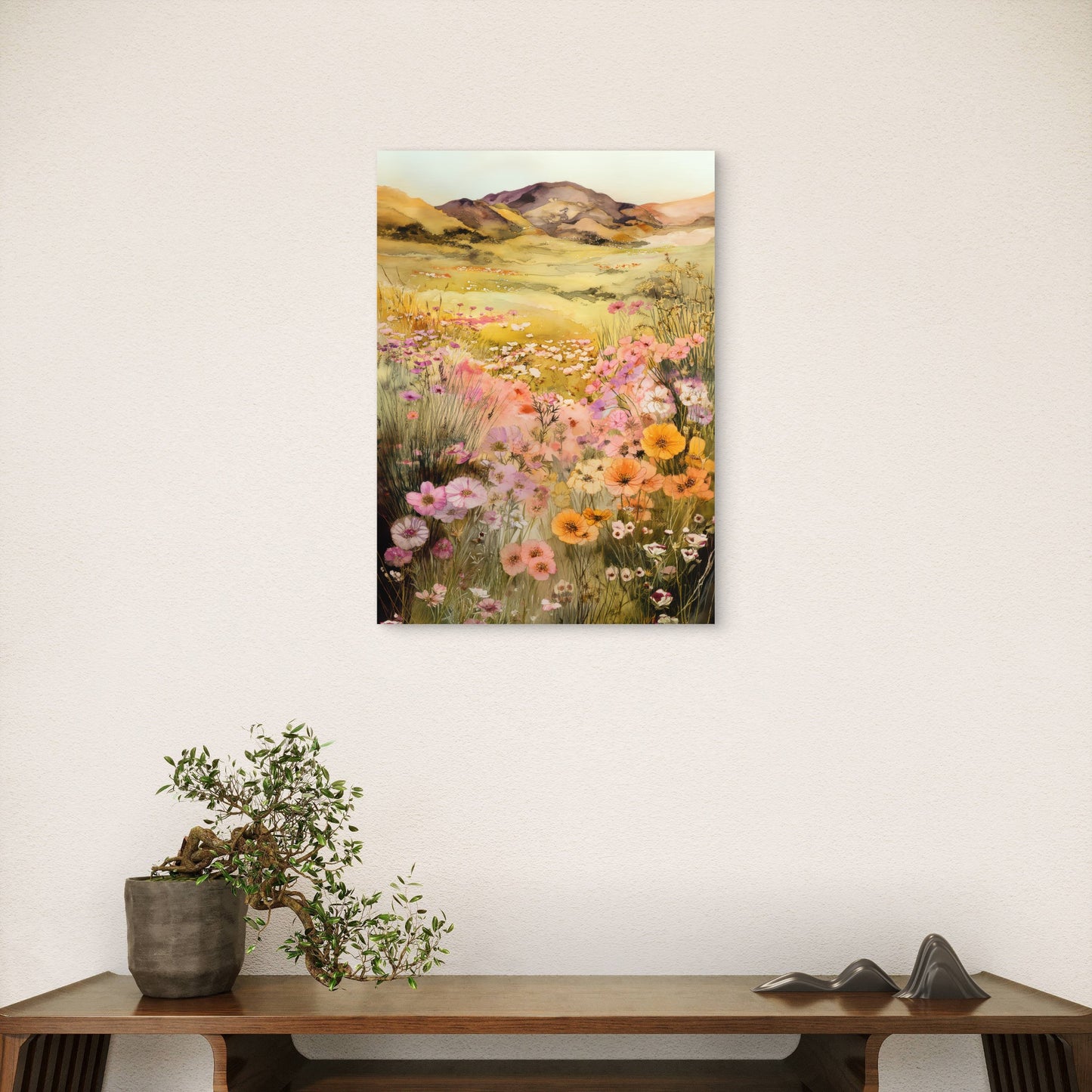 Pastel Wildflower Meadow Hill 40x60cm Metal Print Ready to Hang - Bella Home Decor
