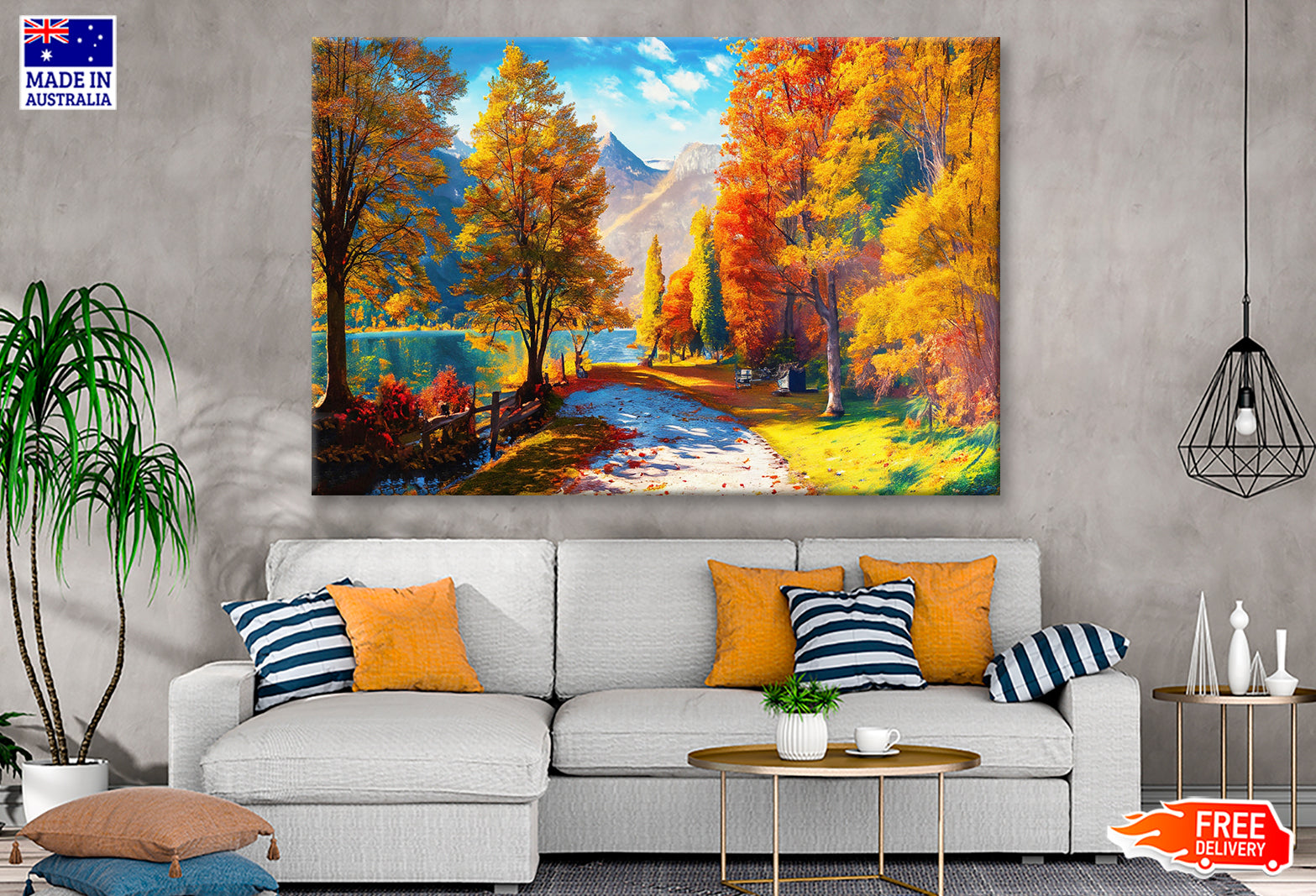 Autumn Trees near Lake & Mountains Oil Painting Wall Art Limited Edition High Quality Print