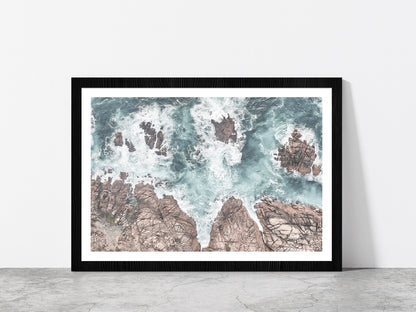 Seawaves over Rocks Aerial Photograph Glass Framed Wall Art, Ready to Hang Quality Print With White Border Black