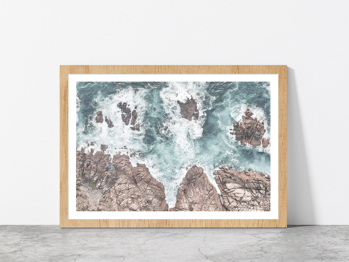 Seawaves over Rocks Aerial Photograph Glass Framed Wall Art, Ready to Hang Quality Print With White Border Oak