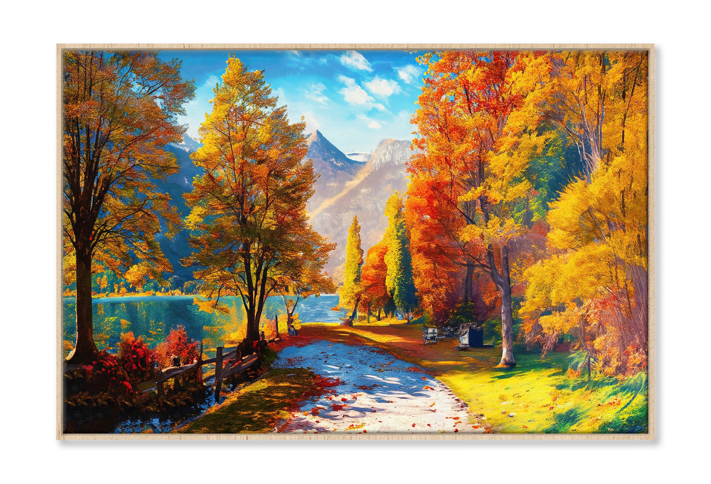 Autumn Trees near Lake & Mountains Oil Painting Wall Art Limited Edition High Quality Print Canvas Box Framed Natural