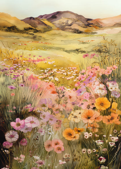 Pastel Wildflower Meadow Hill 40x60cm Metal Print Ready to Hang - Bella Home Decor