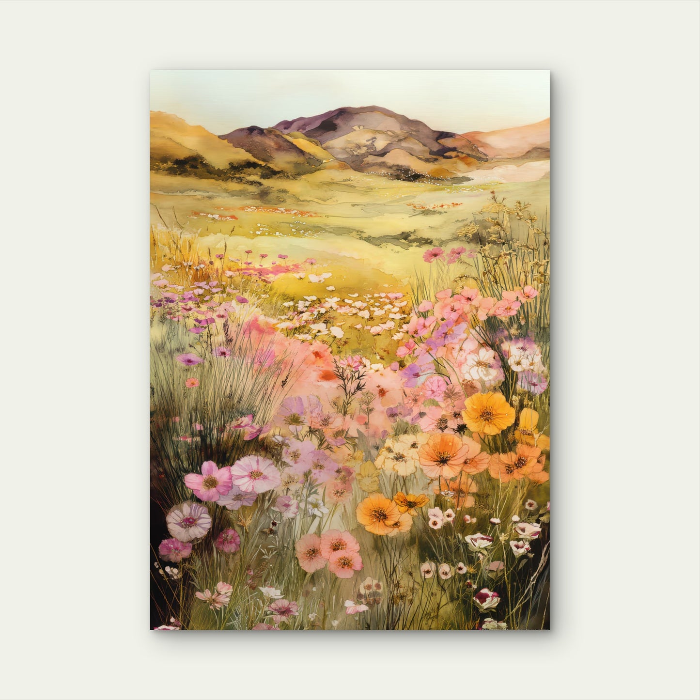 Pastel Wildflower Meadow Hill 60x90cm Metal Print Ready to Hang - Bella Home Decor