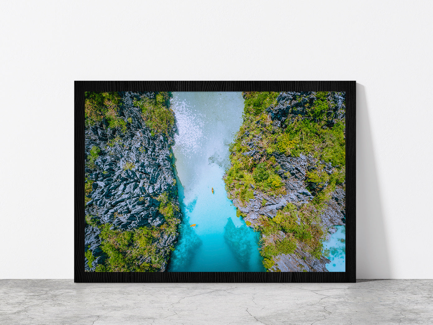 Bay Of Water Surrounded By Cliffs Glass Framed Wall Art, Ready to Hang Quality Print Without White Border Black