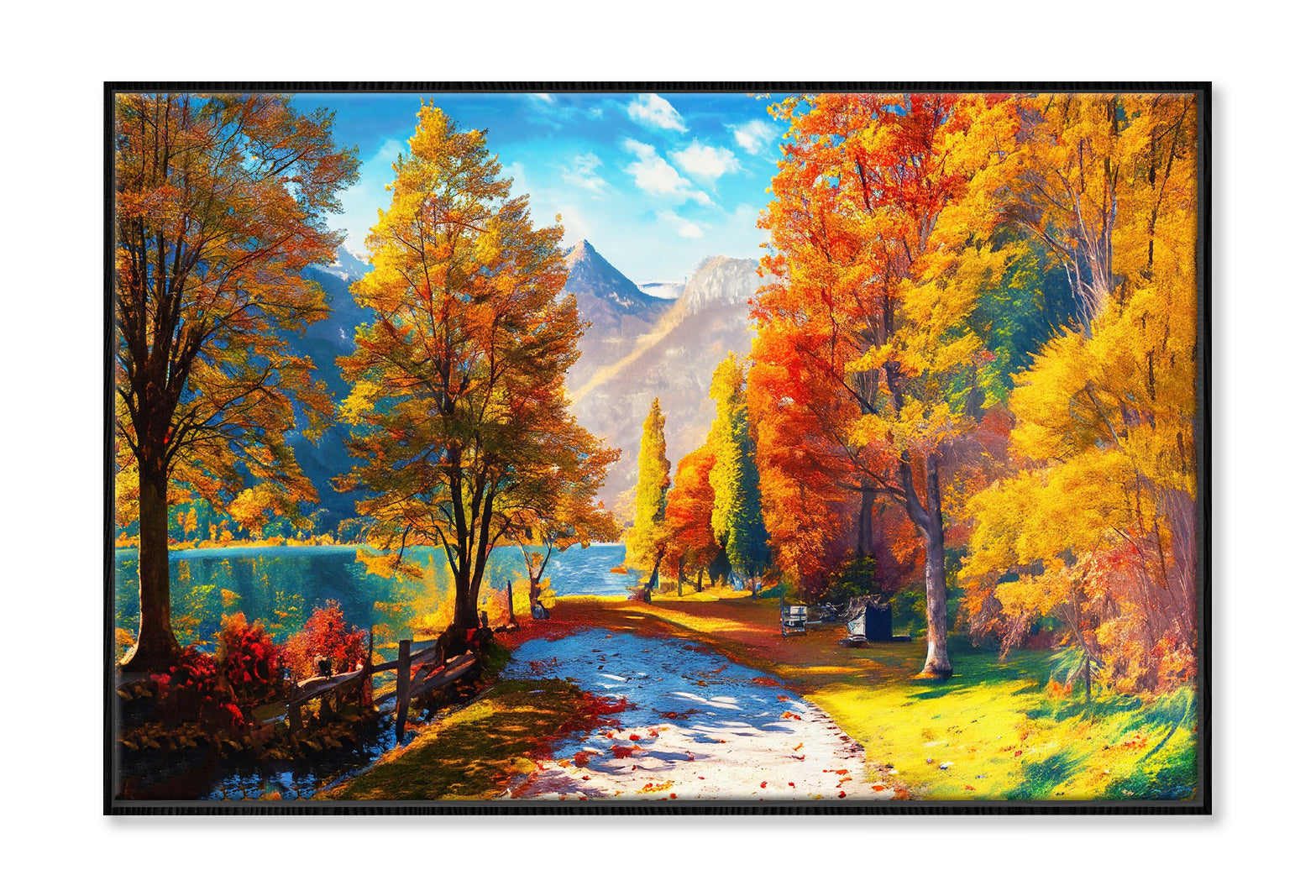 Autumn Trees near Lake & Mountains Oil Painting Wall Art Limited Edition High Quality Print Canvas Box Framed Black