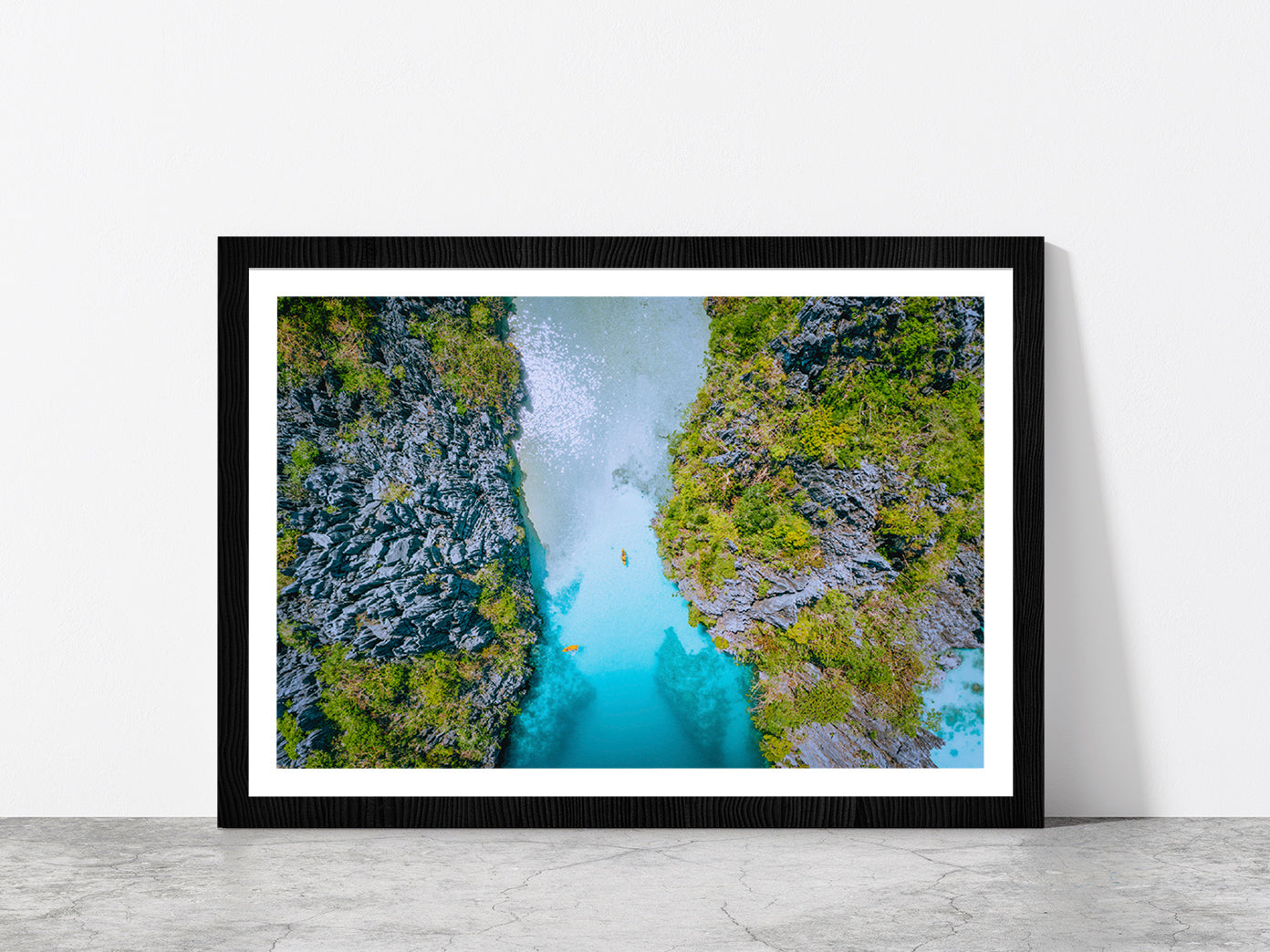 Bay Of Water Surrounded By Cliffs Glass Framed Wall Art, Ready to Hang Quality Print With White Border Black