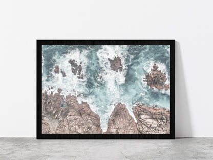 Seawaves over Rocks Aerial Photograph Glass Framed Wall Art, Ready to Hang Quality Print Without White Border Black