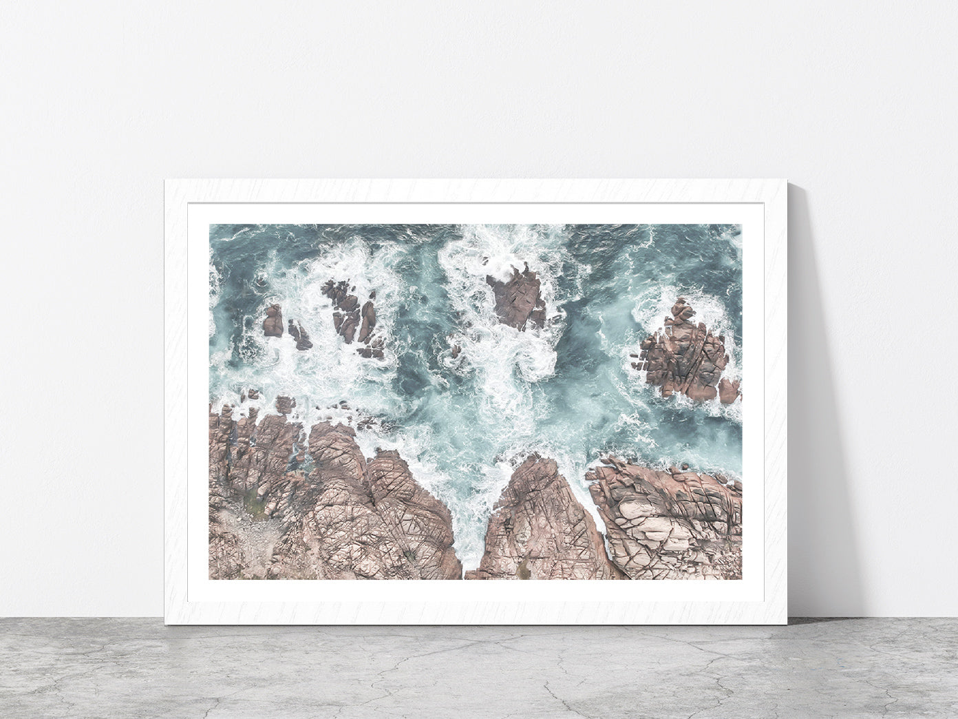 Seawaves over Rocks Aerial Photograph Glass Framed Wall Art, Ready to Hang Quality Print With White Border White