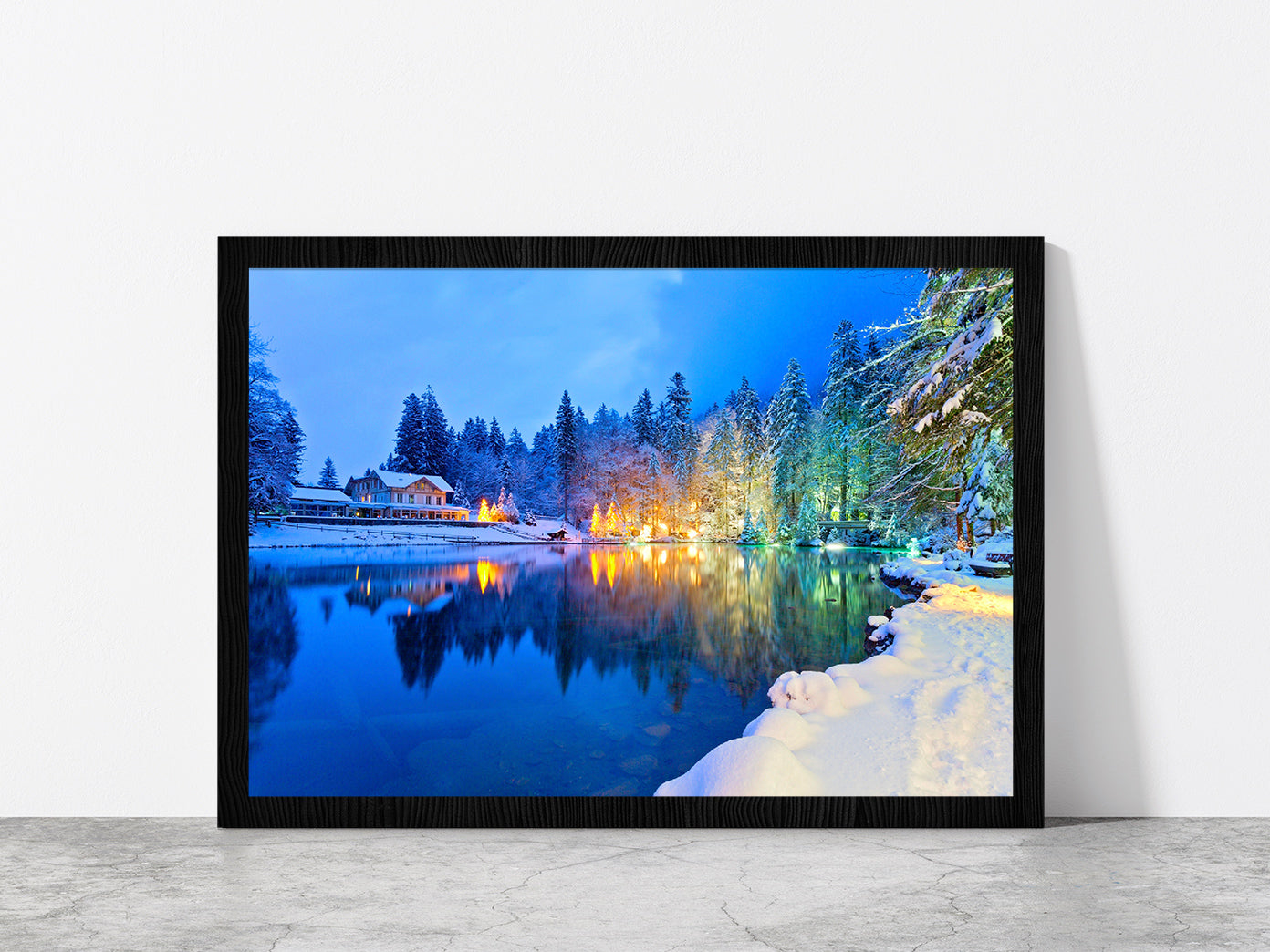 Mountain Lake In The Swiss Alps Glass Framed Wall Art, Ready to Hang Quality Print Without White Border Black