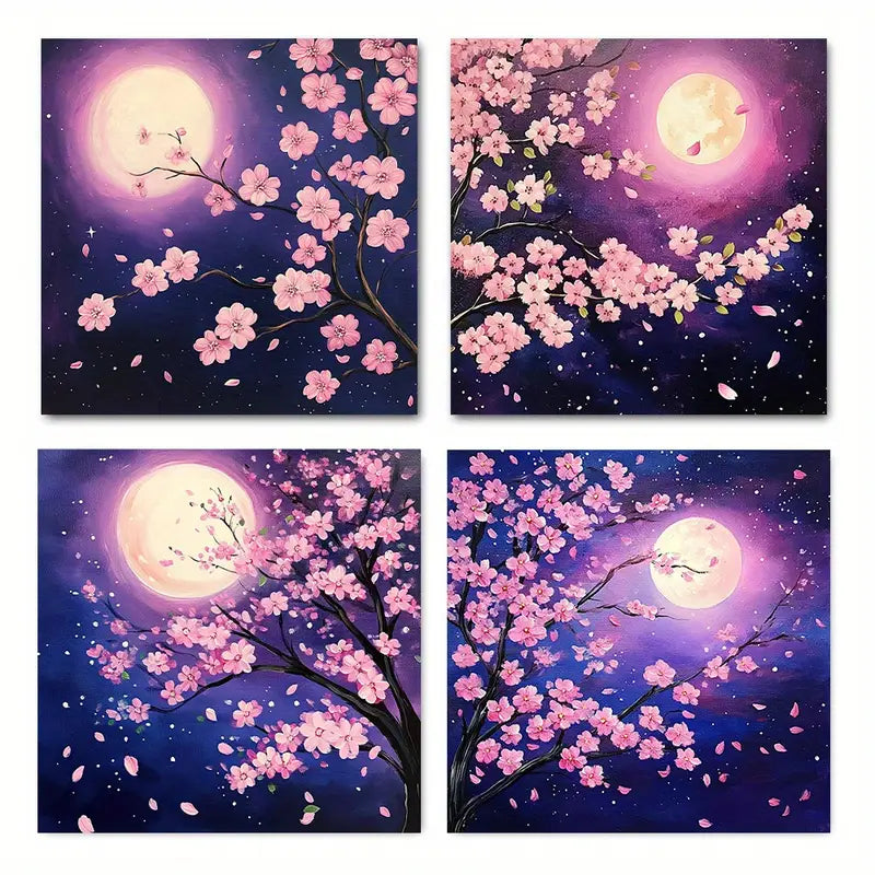 4pcs  Cherry Blossom Moonlit Night  RT  Wall Art Canvas Framed