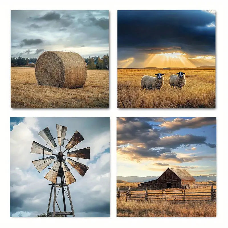 4pcs With Sunset, Windmill, Barn, Sheep & Straw Wall Art Canvas Framed