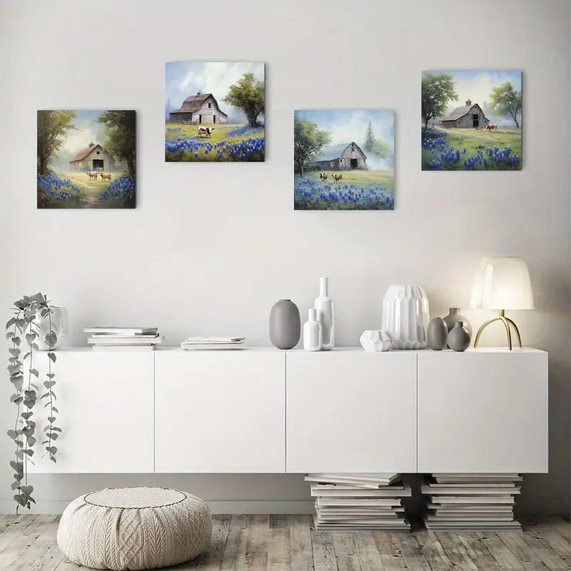 4pcsRustic Green Farmhouse Wall Art Canvas Framed