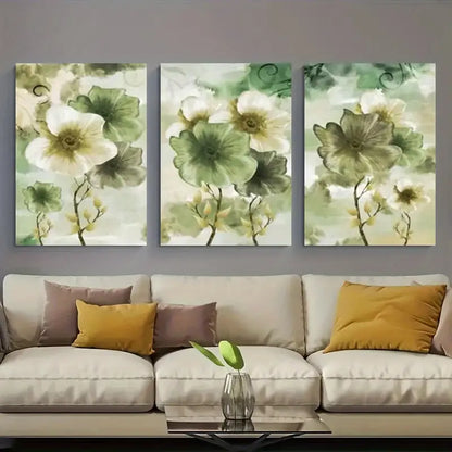 3pcs Green & White Floral Canvas Metal Print Ready to Hang Art