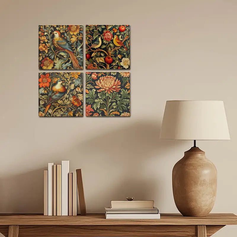 4pcs Vibrant Nature Floral & Bird Designs Wall Art Canvas Framed