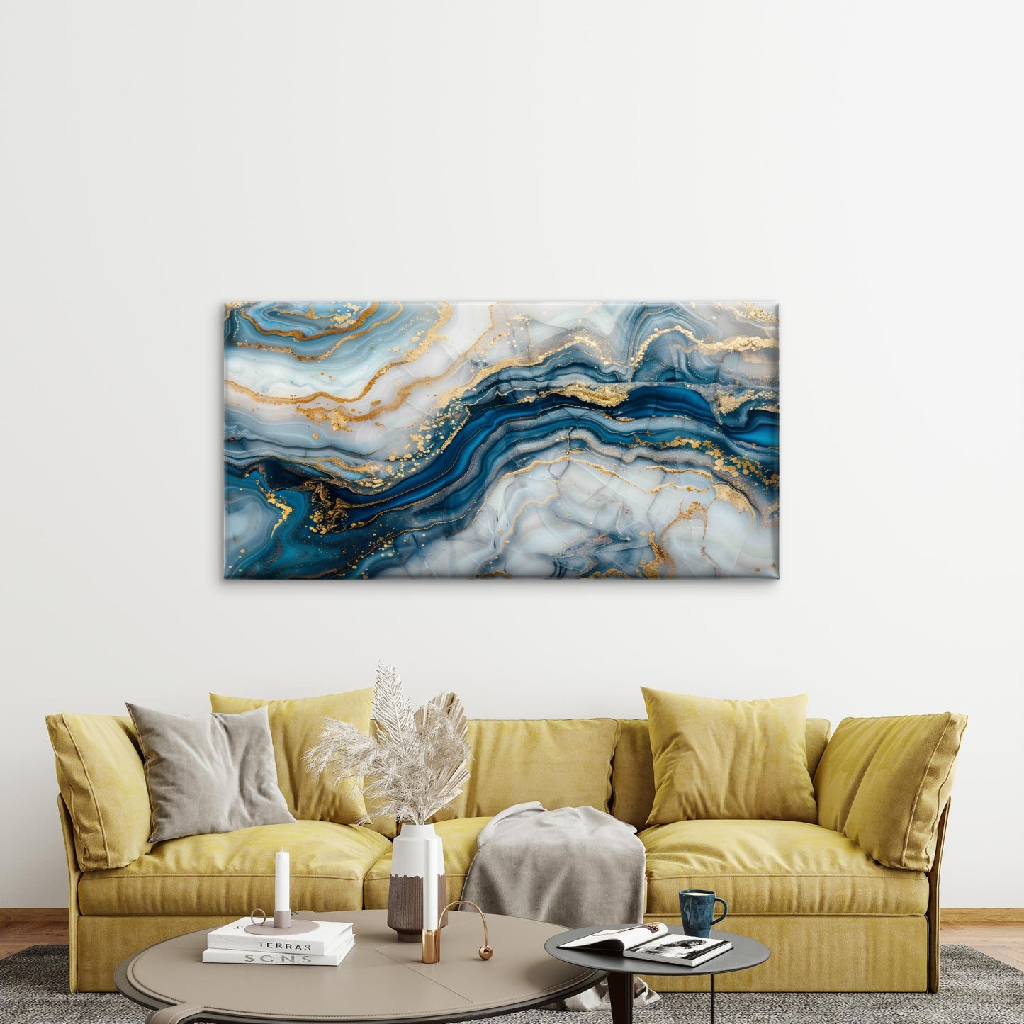 Blue And White Marble With Gold Wall Art Canvas Office Home Room Framed 120x60cm - Bella Home Decor
