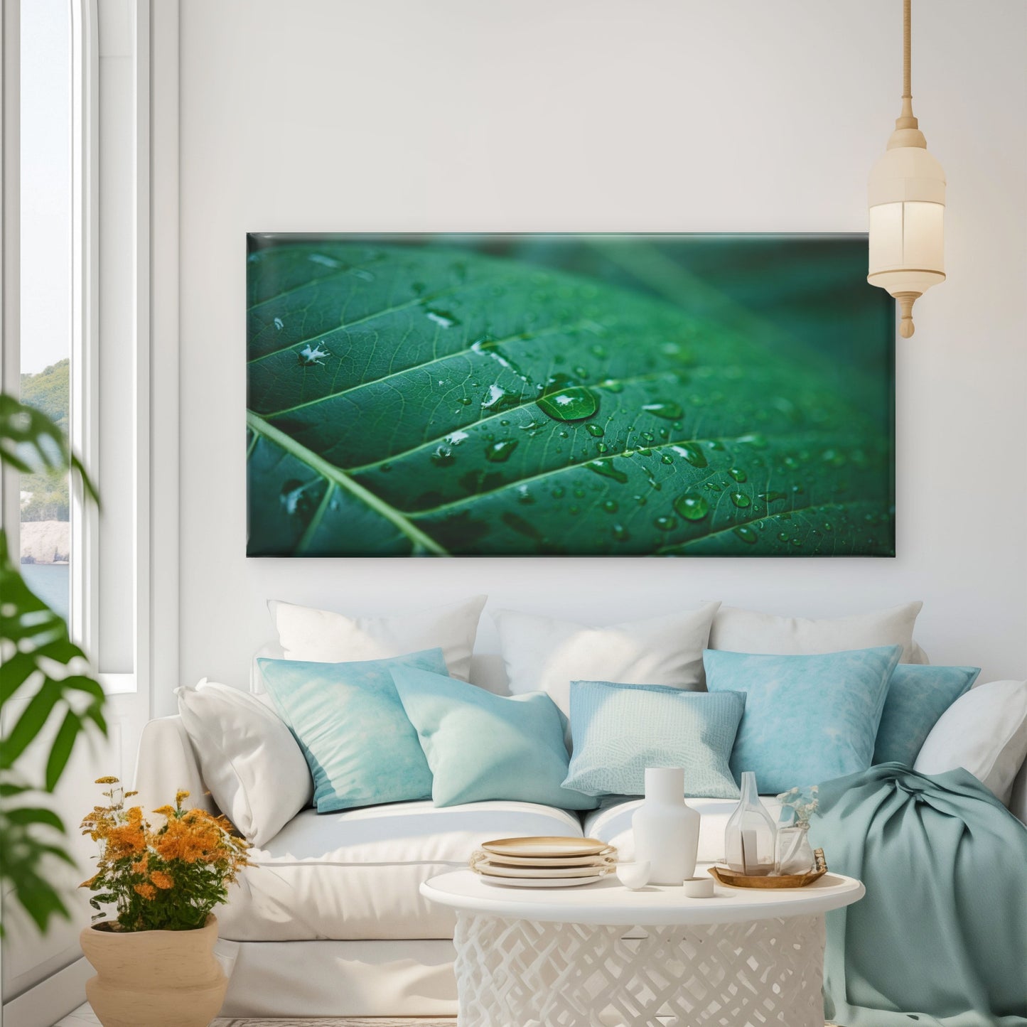 Water Drops On Green Leaf Wall Art Canvas Office Home Room Framed 120x60cm