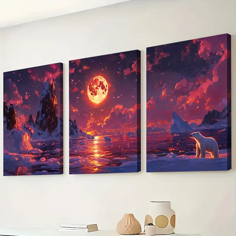 3pcs Arctic Coastline Polar Bear Scene Wall Art Set Canvas Framed 60x90cm - High Quality Print 100% Australian Made Wall Canvas Ready to Hang - Bella Home Decor