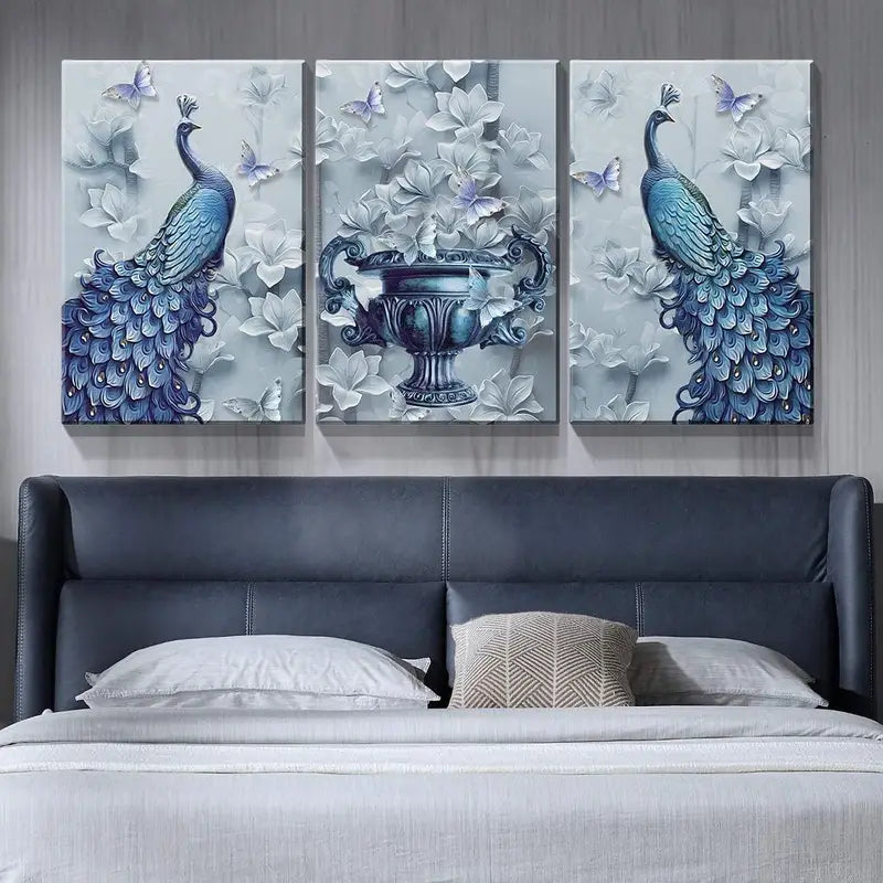 3pcs Blue Peacock Floral Paintings  Metal Print Ready to Hang Art - Bella Home Decor