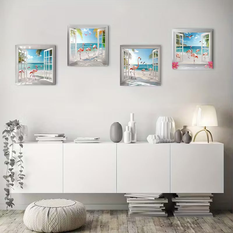 4pcs  Flamingo Beach Tropical Palm Coast Ocea Wall Art Canvas Framed