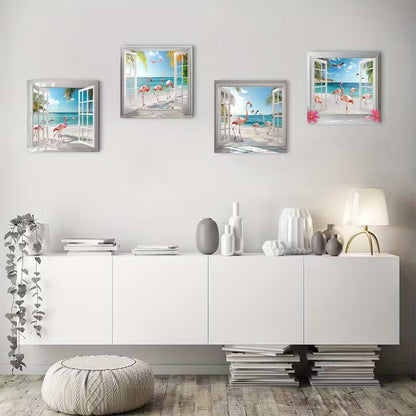 4pcs  Flamingo Beach Tropical Palm Coast Ocea Wall Art Canvas Framed