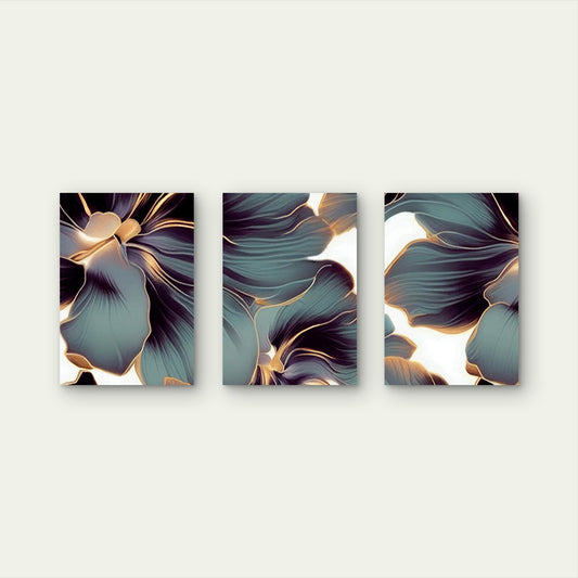 3pcs Abstract Luxury Teal Purple Gold Floral Wall Art Set Canvas Framed 40x60cm - High Quality Print 100% Australian Made Wall Canvas Ready to Hang