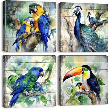 4pcs Blue Birds Rustic Pea Rooster Parrot Wall Art Canvas Framed