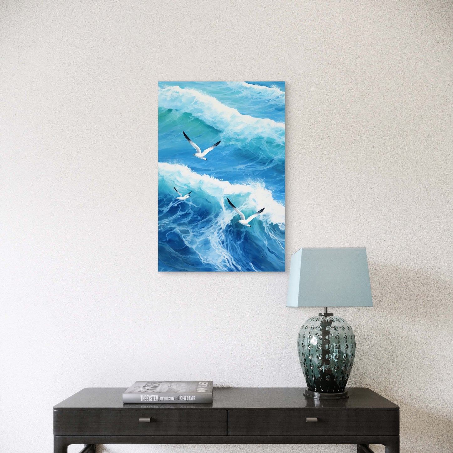 Illustration of Seagulls Flying Over Rough Ocean 40x60cm Metal Print Ready to Hang