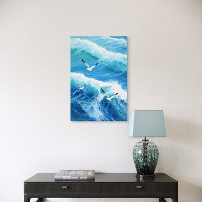 Illustration of Seagulls Flying Over Rough Ocean 60x90cm Metal Print Ready to Hang