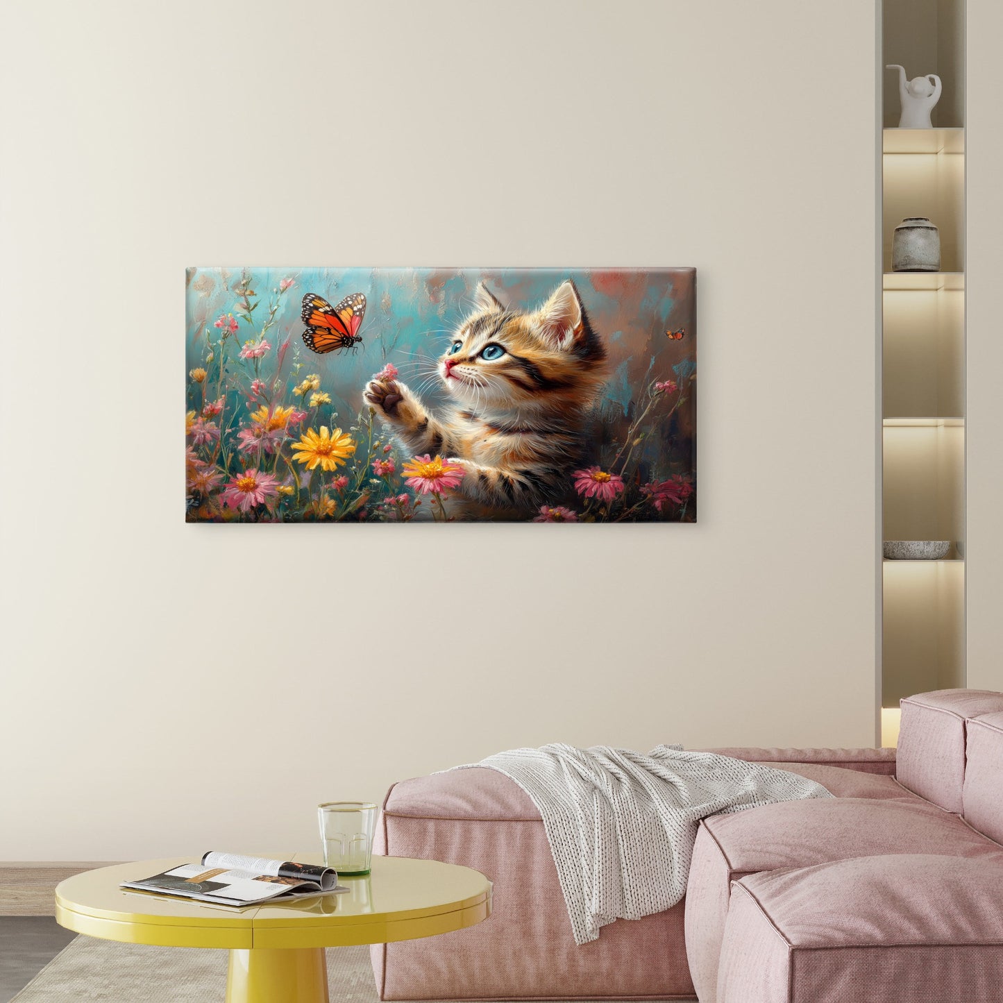 Cute Tabby Kitten Butterfly Flower Wall Art Canvas Office Home Framed 120x60cm