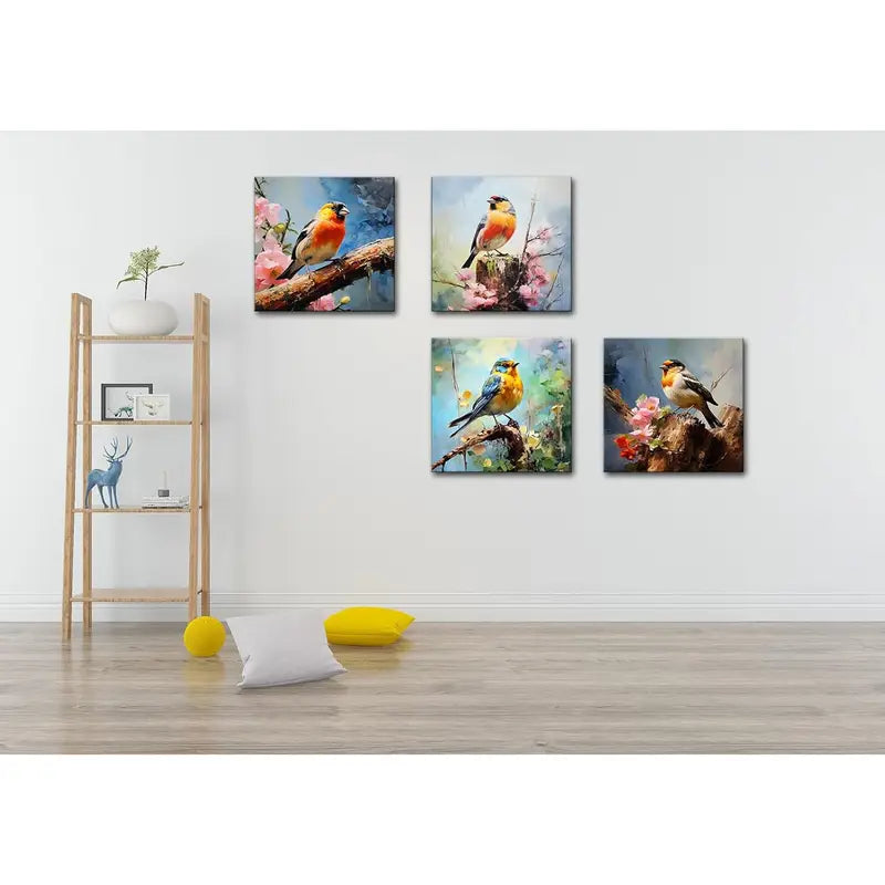 4pcs Colorful Birds With Flowers Wall Art Canvas Framed - Bella Home Decor