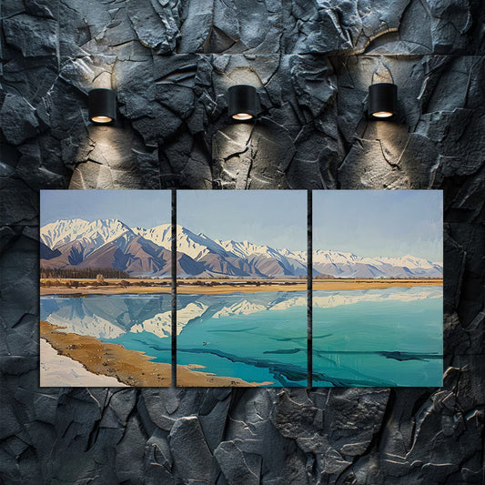 3pcs Tranquil Taldzor Lake & Snowy Mountains Wall Art Set Canvas Framed 50x70cm - High Quality Print 100% Australian Made Wall Canvas Ready to Hang