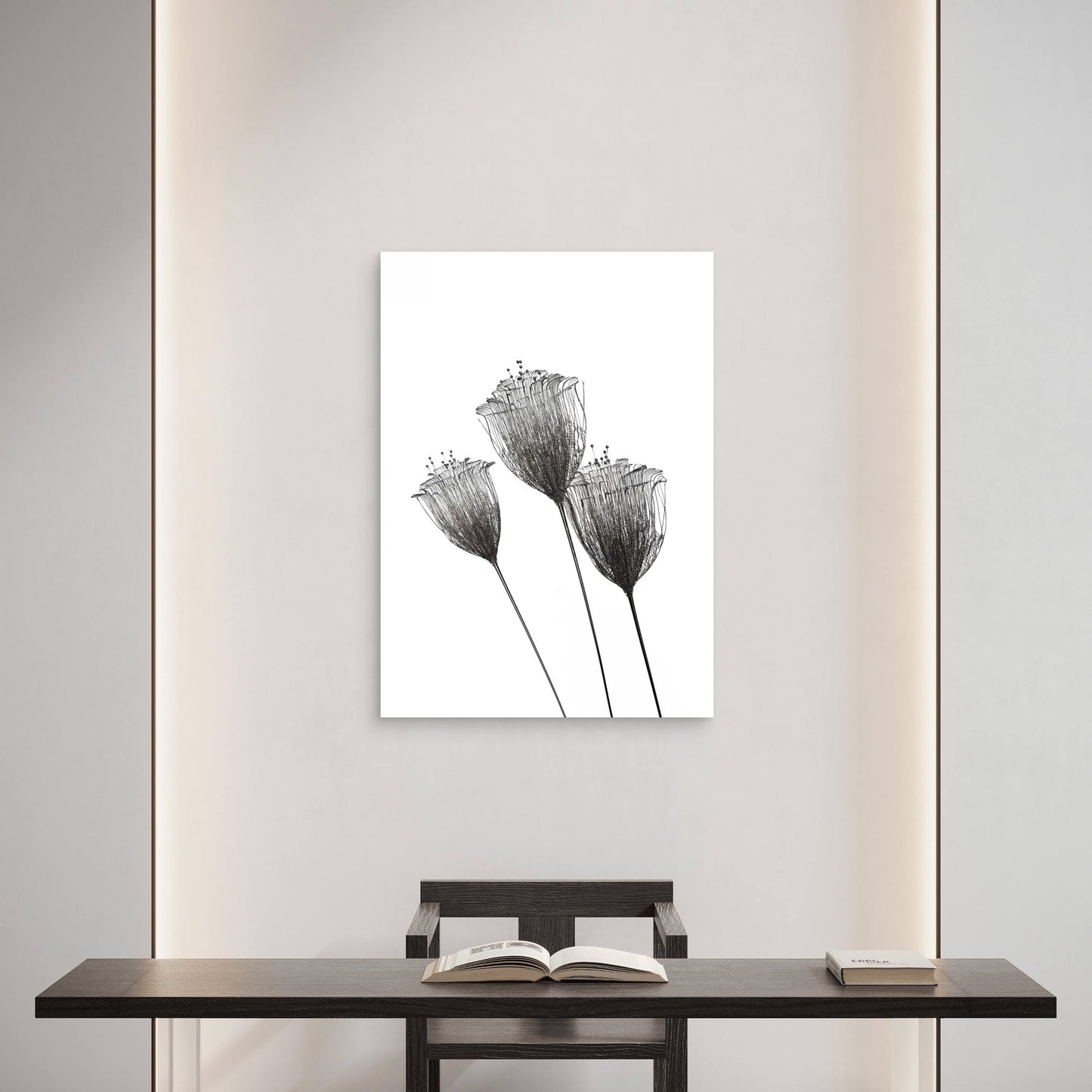 Black and white Silver Wire Mesh Floral Stems 60x90cm Metal Print Ready to Hang - Bella Home Decor