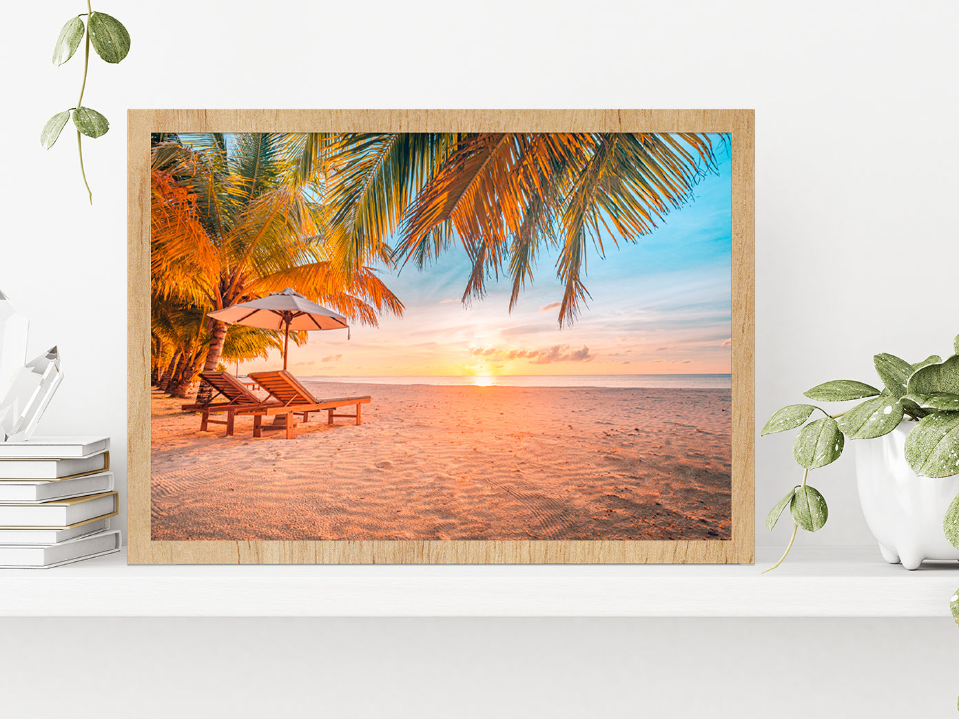 Sunset Over The Paradise Beach Glass Framed Wall Art, Ready to Hang Quality Print Without White Border Oak