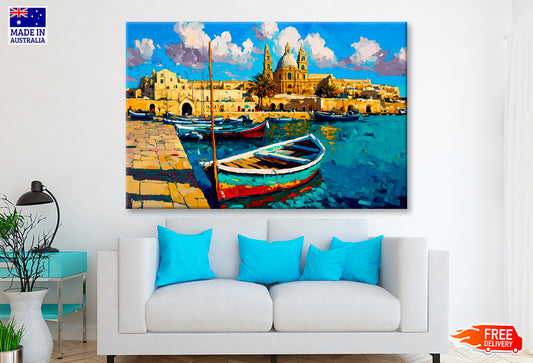 Cityscape View From Marsaxlokk, Malta Oil Painting Wall Art Limited Edition High Quality Print