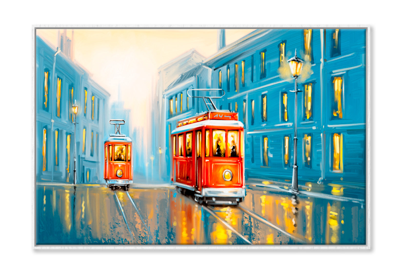 Old Tram In Old City Oil Painting Wall Art Limited Edition High Quality Print Canvas Box Framed White