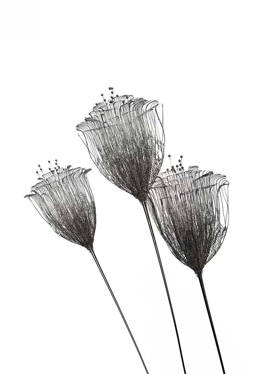 Black and white Silver Wire Mesh Floral Stems 60x90cm Metal Print Ready to Hang - Bella Home Decor