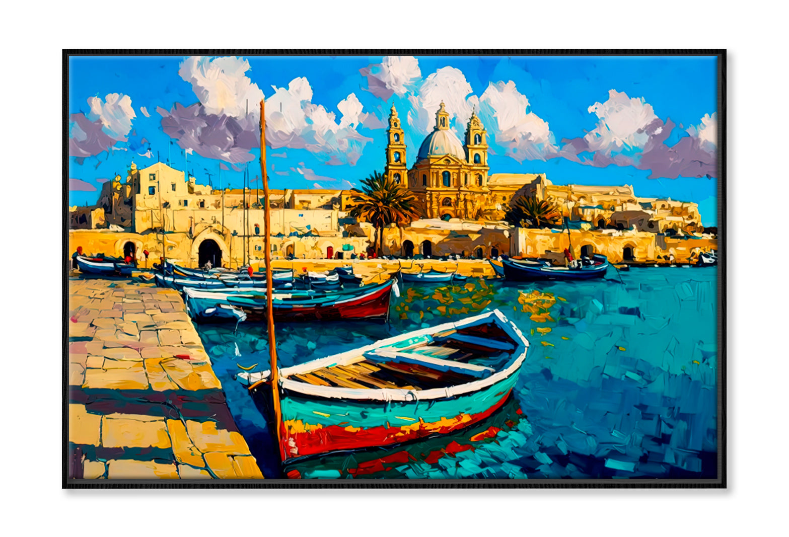 Cityscape View From Marsaxlokk, Malta Oil Painting Wall Art Limited Edition High Quality Print Canvas Box Framed Black