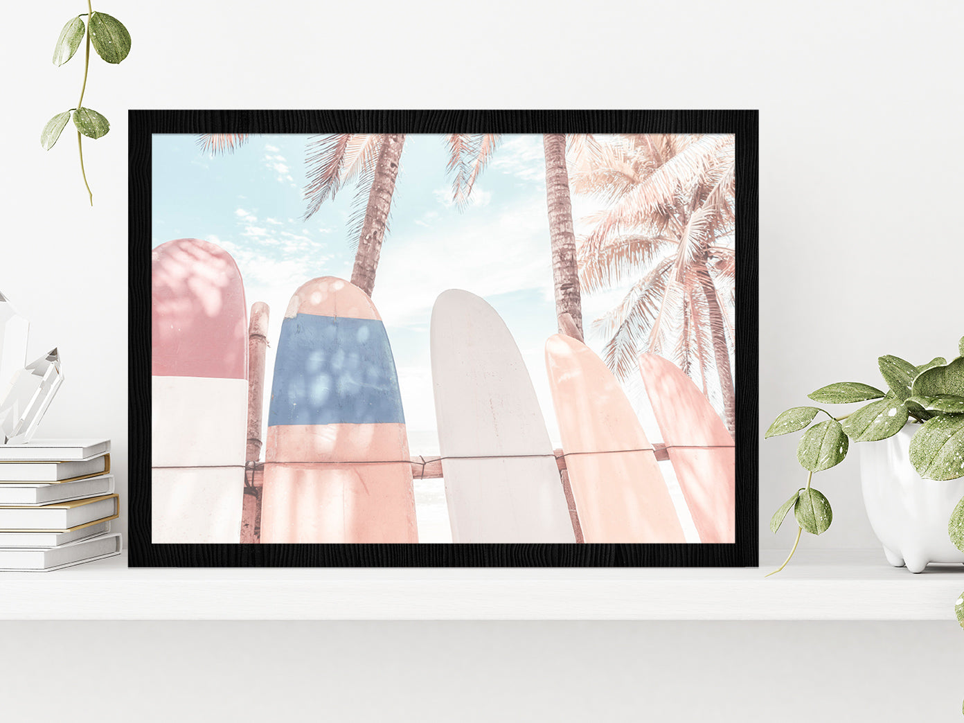 Surf Boards & Palm Trees Beach Faded Photograph Glass Framed Wall Art, Ready to Hang Quality Print Without White Border Black