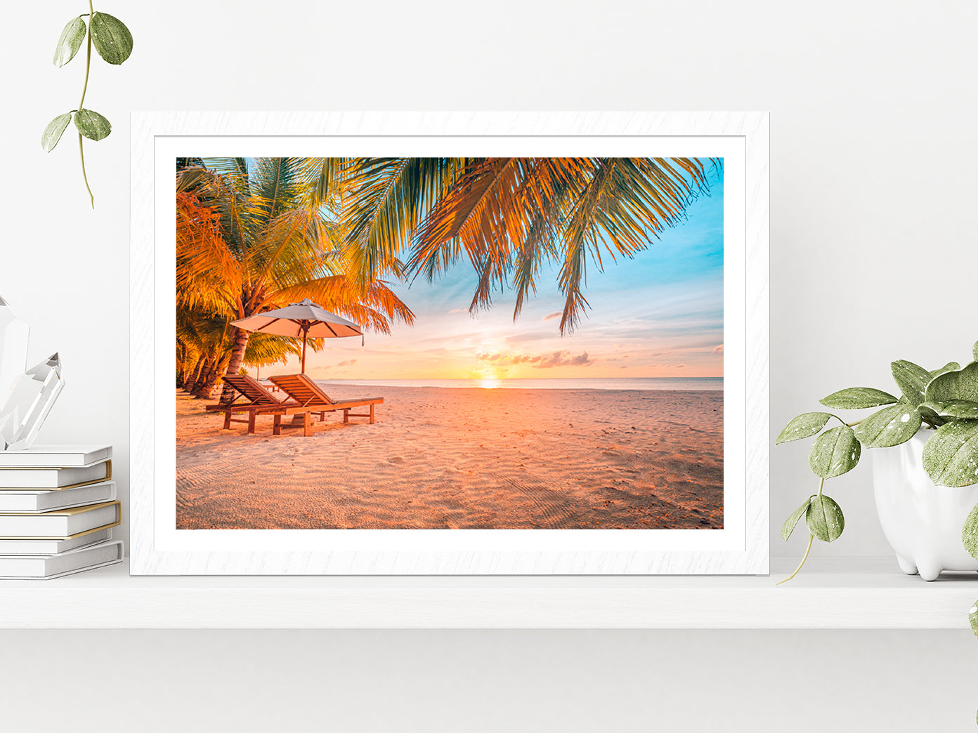 Sunset Over The Paradise Beach Glass Framed Wall Art, Ready to Hang Quality Print With White Border White