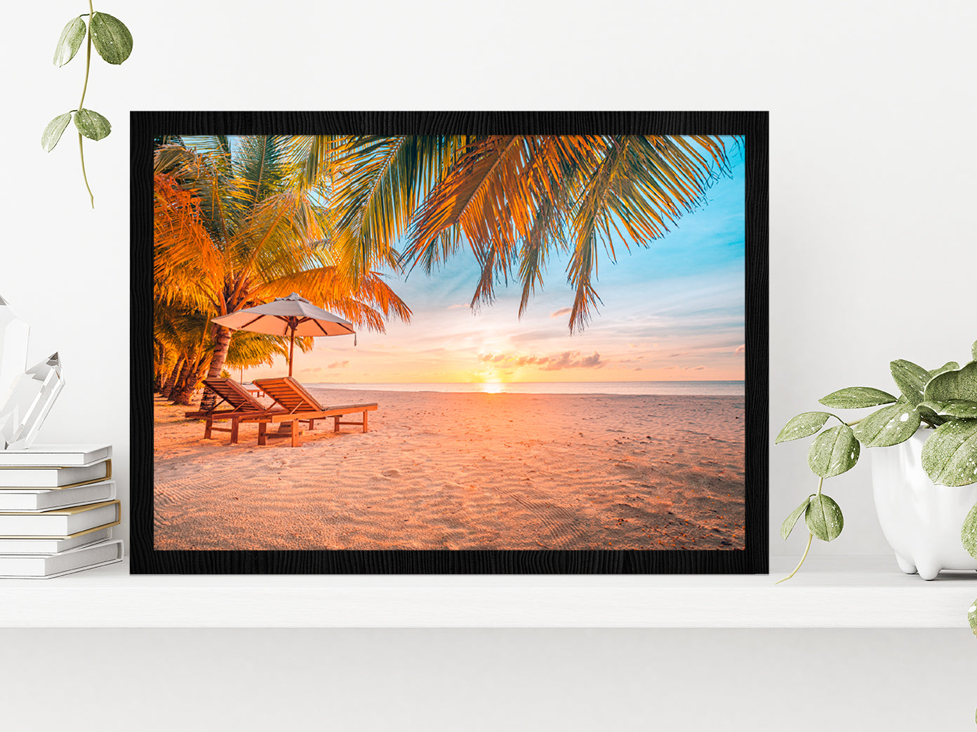 Sunset Over The Paradise Beach Glass Framed Wall Art, Ready to Hang Quality Print Without White Border Black