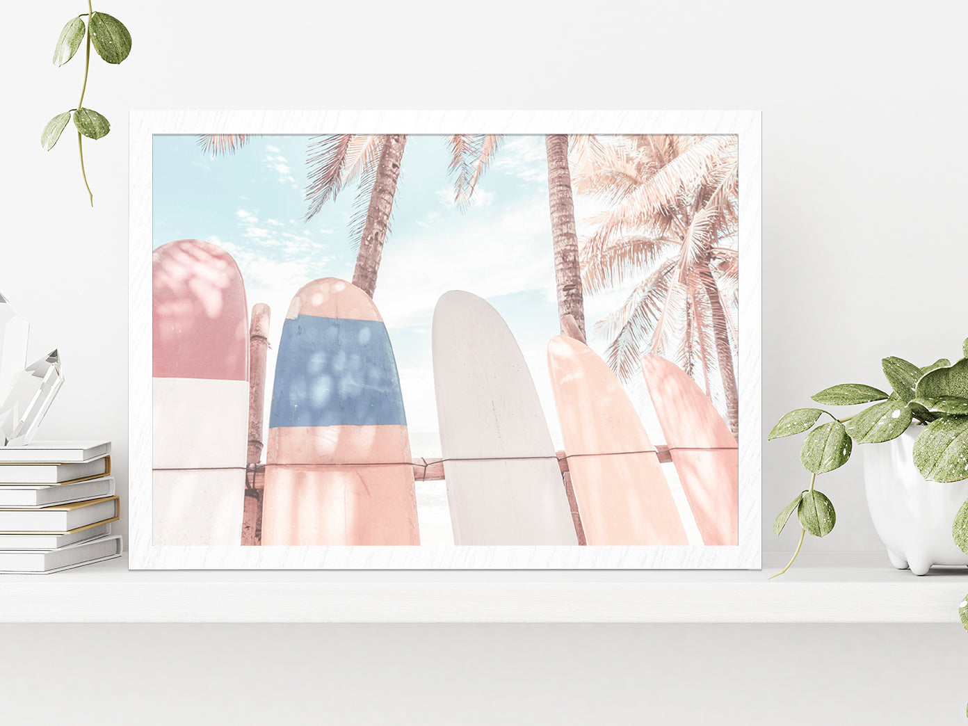 Surf Boards & Palm Trees Beach Faded Photograph Glass Framed Wall Art, Ready to Hang Quality Print Without White Border White