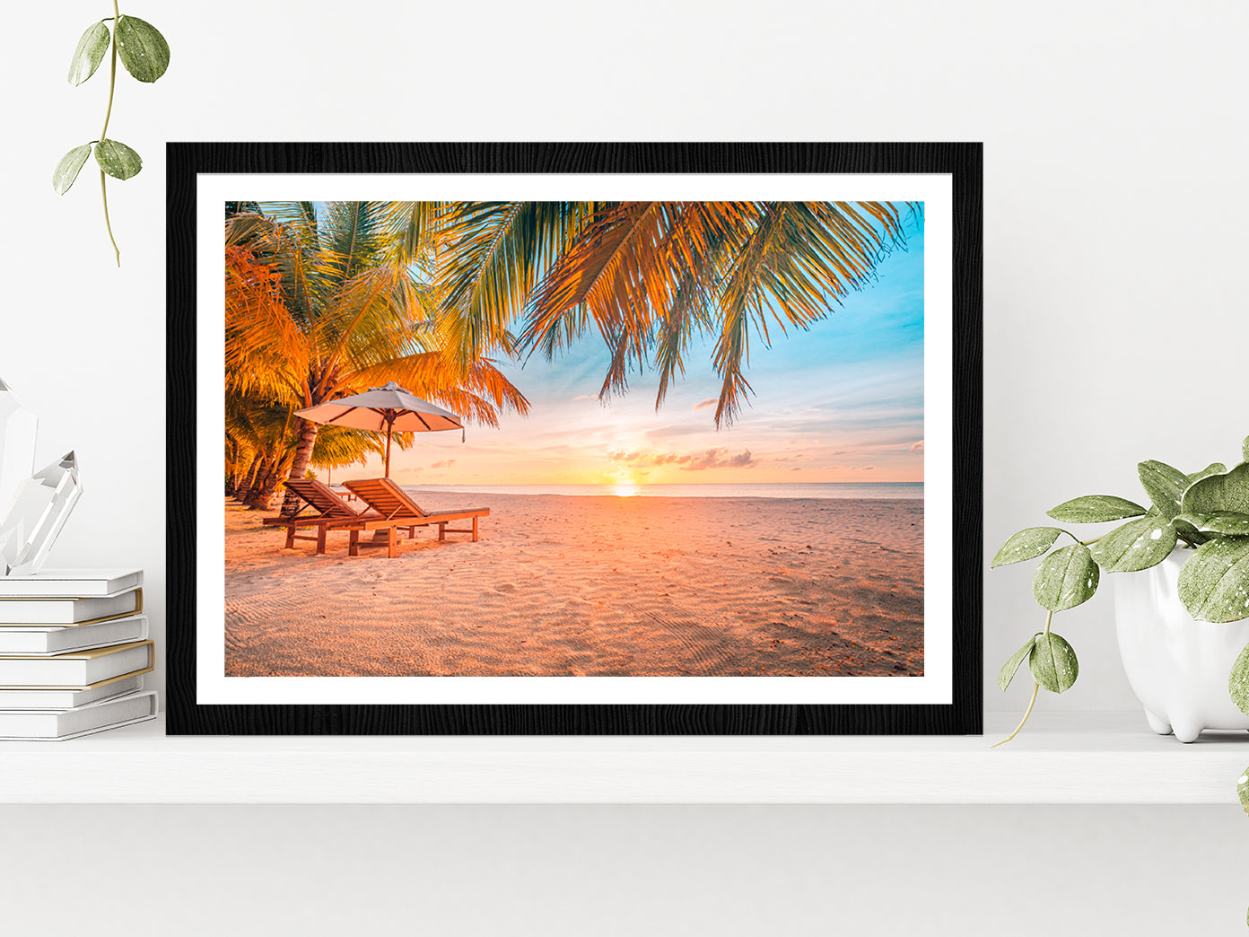 Sunset Over The Paradise Beach Glass Framed Wall Art, Ready to Hang Quality Print With White Border Black