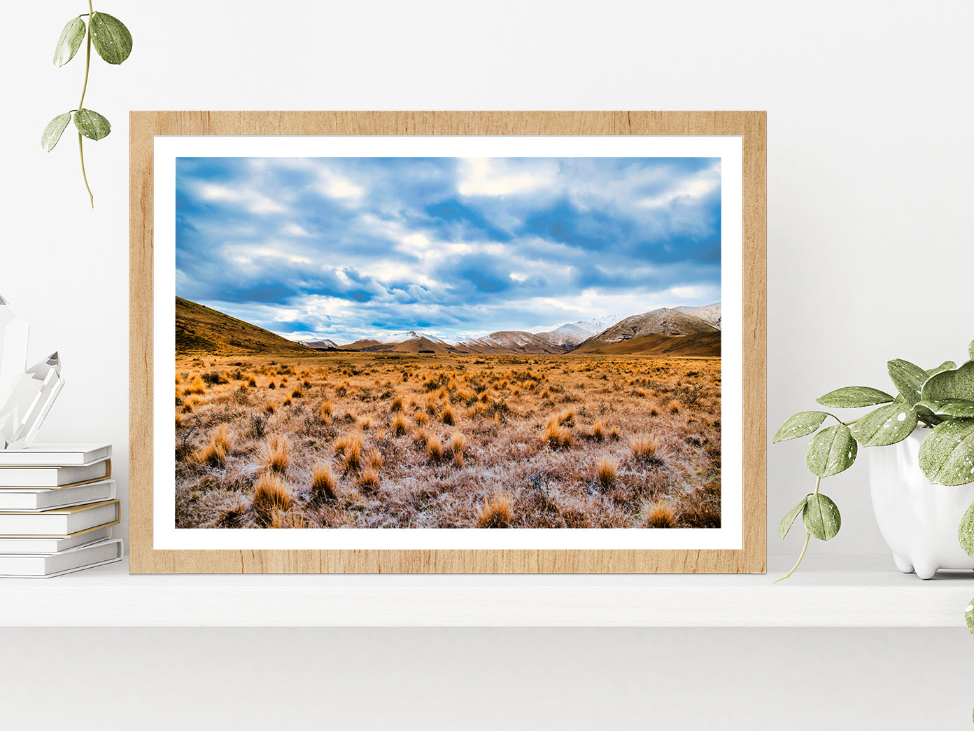 Frost Covered Tussock In Country Glass Framed Wall Art, Ready to Hang Quality Print With White Border Oak