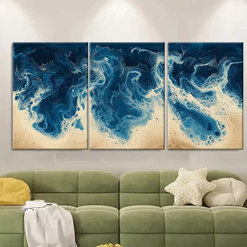 3pcs Cream and Blue Abstract Marbling Metal Print Ready to Hang Art - Bella Home Decor