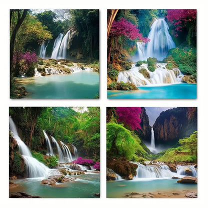 4pcs Abstract Waterfall Luang Prabang Turquoise  Wall Art Canvas Framed