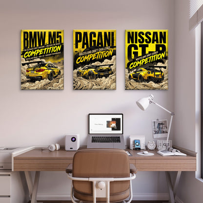 3pcs BMW M5 Pagani Nissan GTR Yellow Supercar Wall Art Set Canvas Framed 50x70cm - High Quality Print 100% Australian Made Wall Canvas Ready to Hang