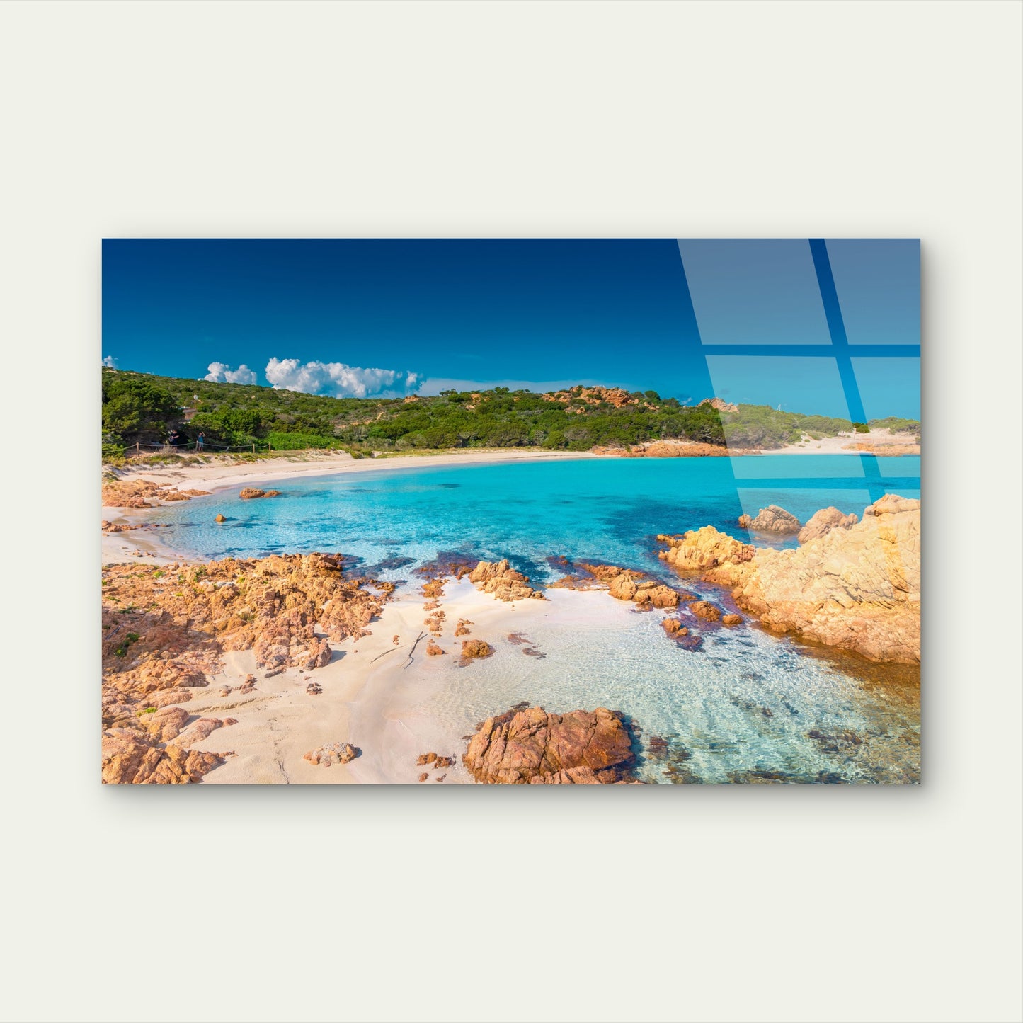 Tropical Turquoise Ocean Beach Rocky Shoreline White Sand Clear Water Blue Sky Acrylic Glass Printing Wall Art Australian Made Quality